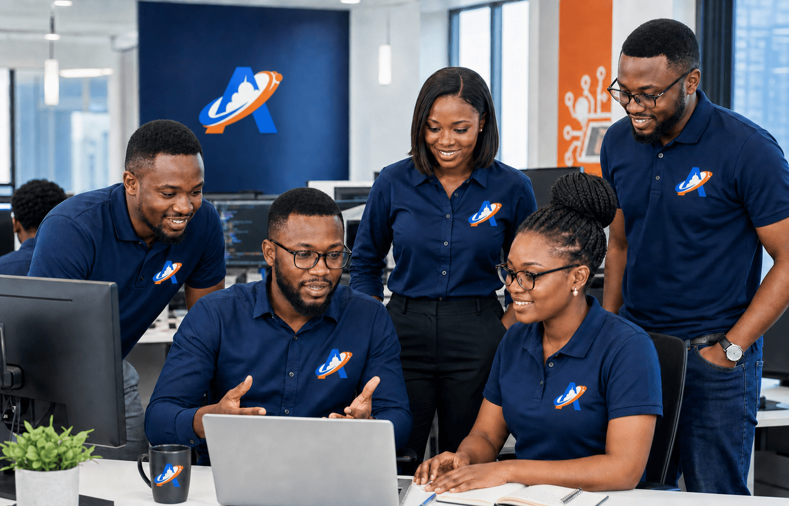Professional Amplest Digital Solutions team collaborating in a technology office